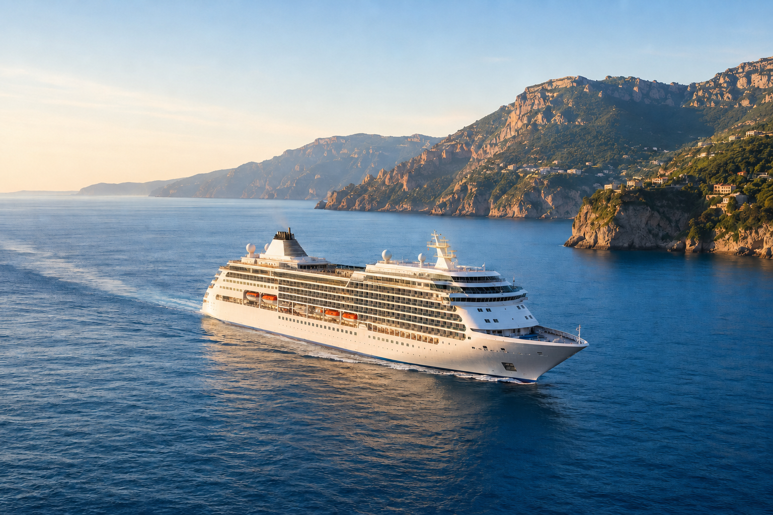 An unbranded ocean cruise ship sailing beside a sunlit coastline