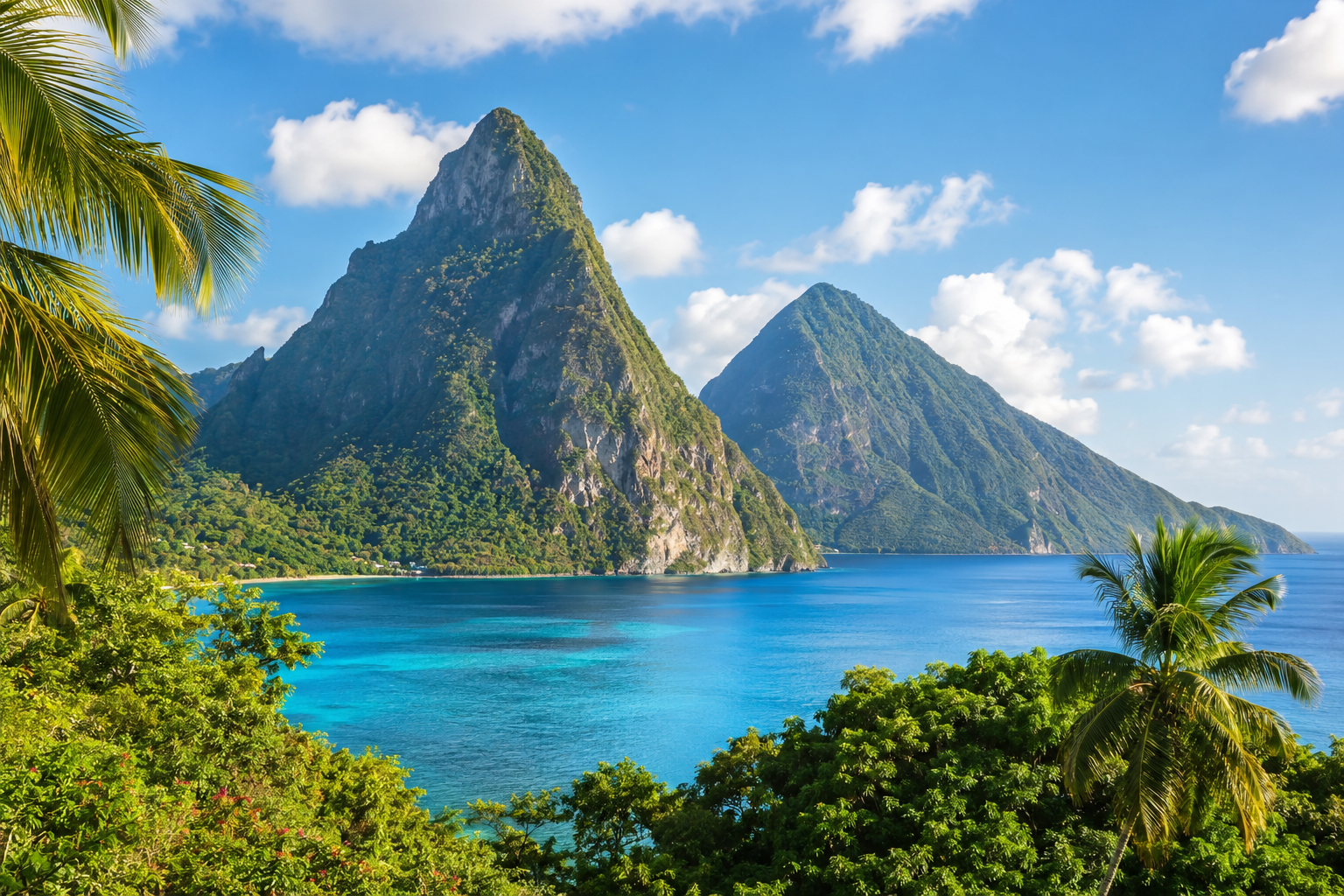 The Pitons rising above a turquoise bay in St. Lucia